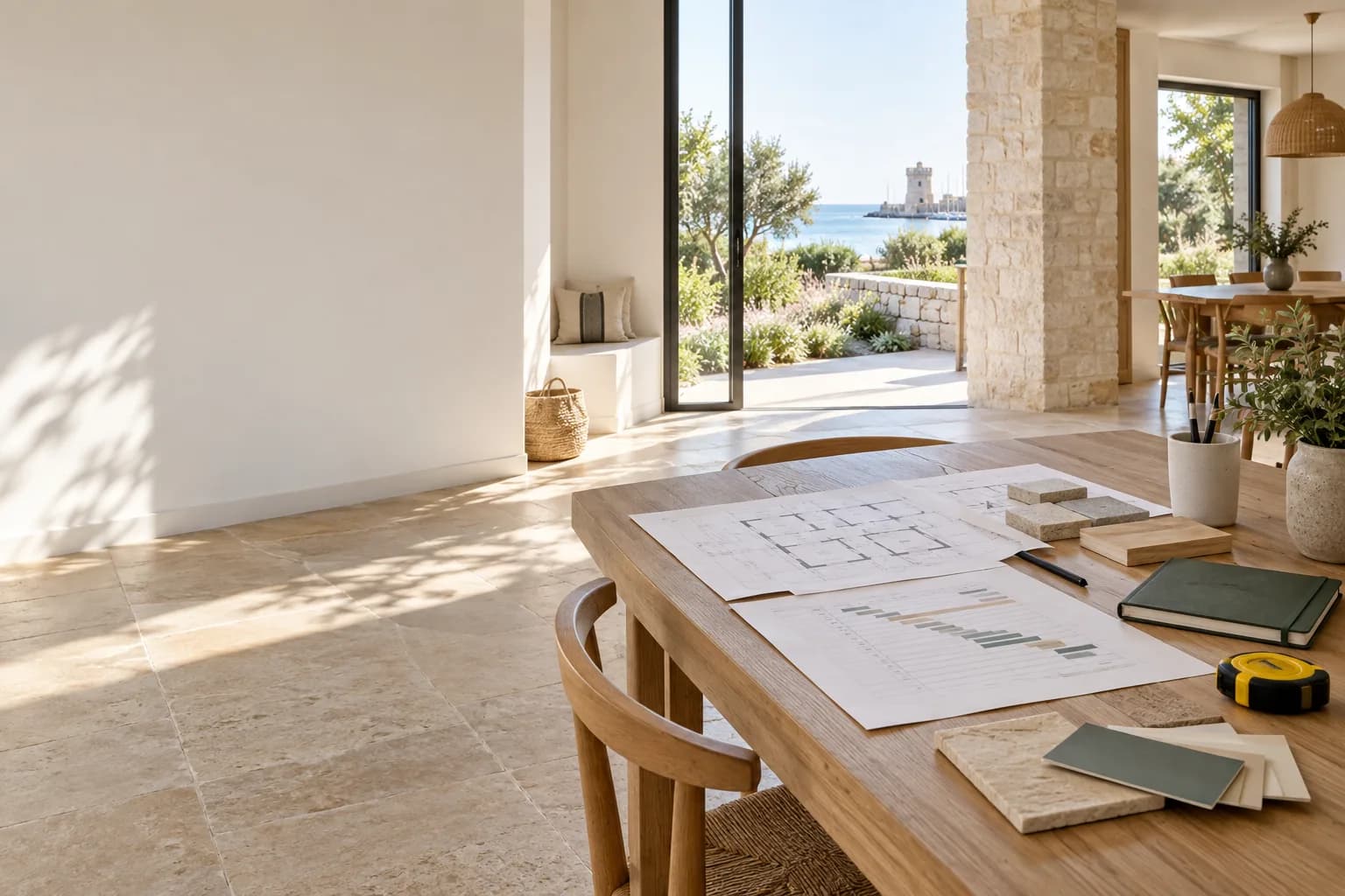 Plans, calendrier de projet et échantillons organisés dans un intérieur lumineux du littoral charentais.