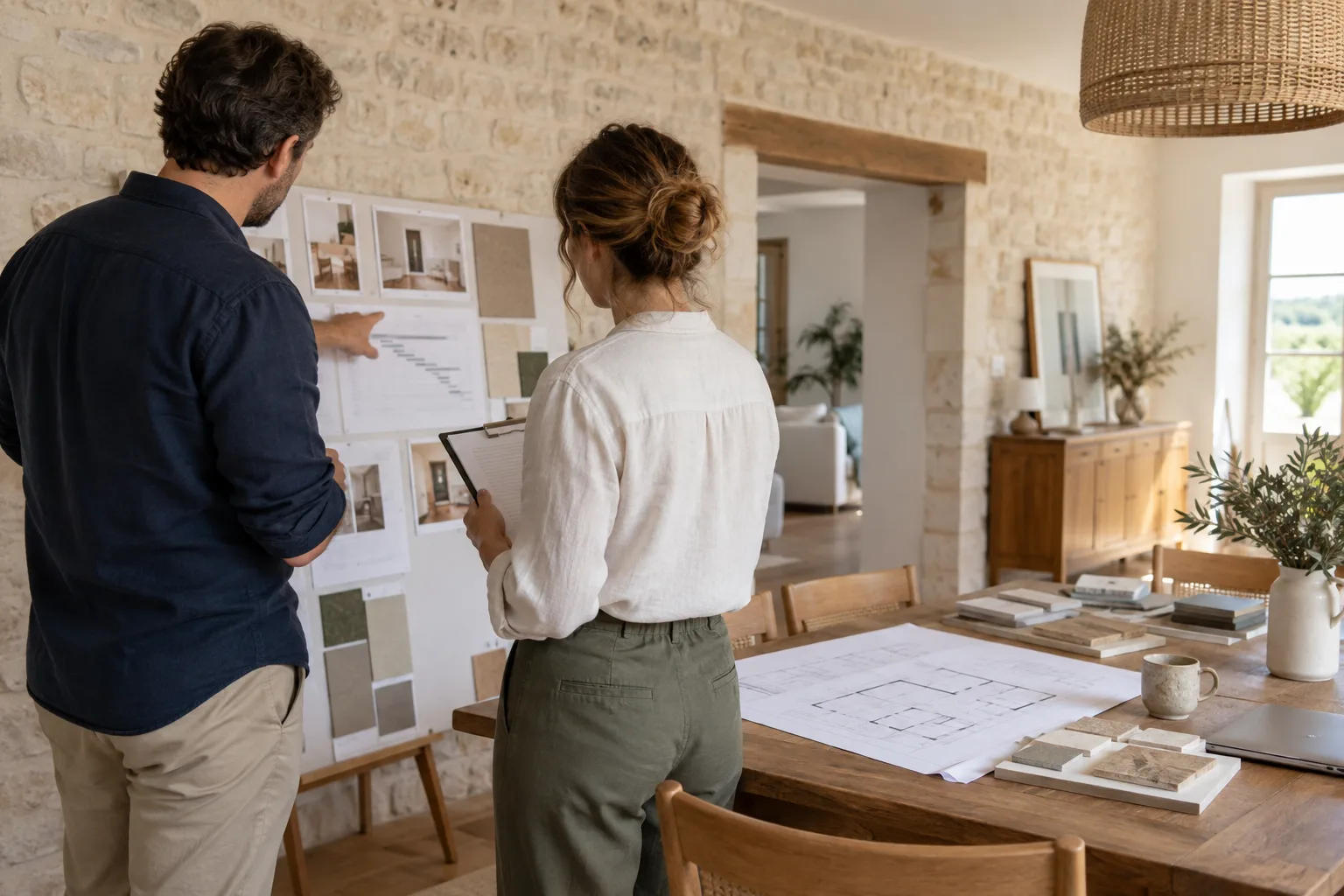 Deux personnes organisent les éléments d’un projet de rénovation dans un intérieur lumineux.