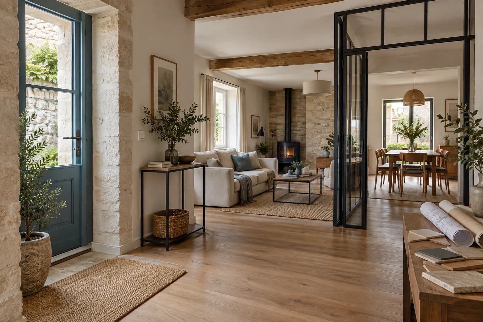 Intérieur lumineux reliant plusieurs espaces rénovés.