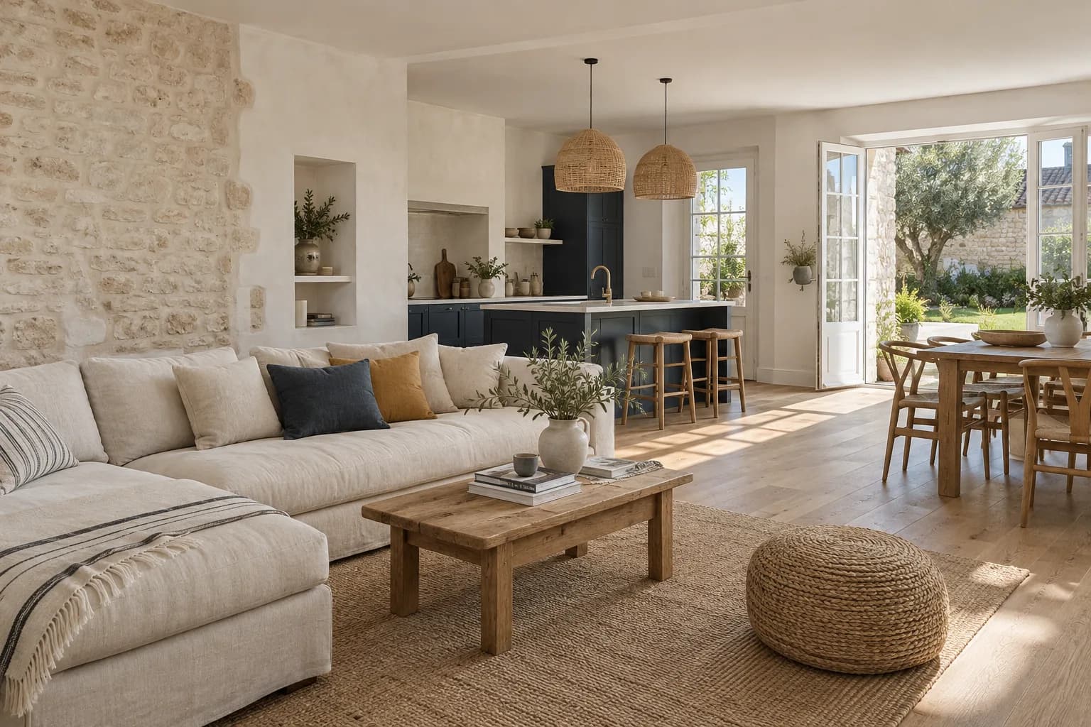 Pièce de vie et cuisine rénovées dans une maison aux murs de pierre claire.