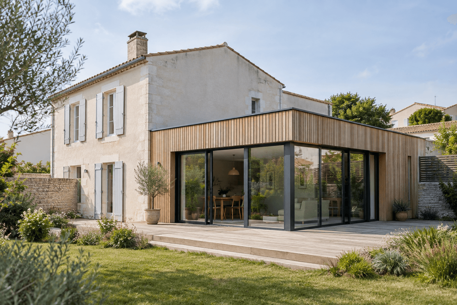 Extension contemporaine en bois reliée à une maison ancienne aux murs clairs.