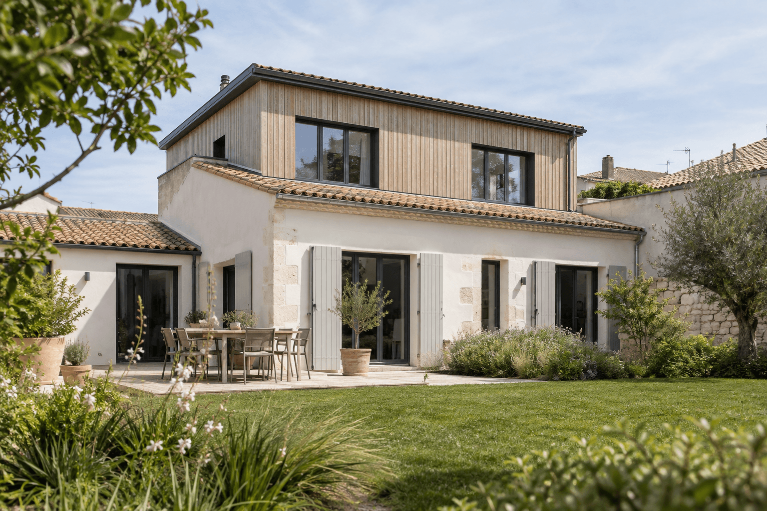 Maison aux murs clairs agrandie par une surélévation en bois.