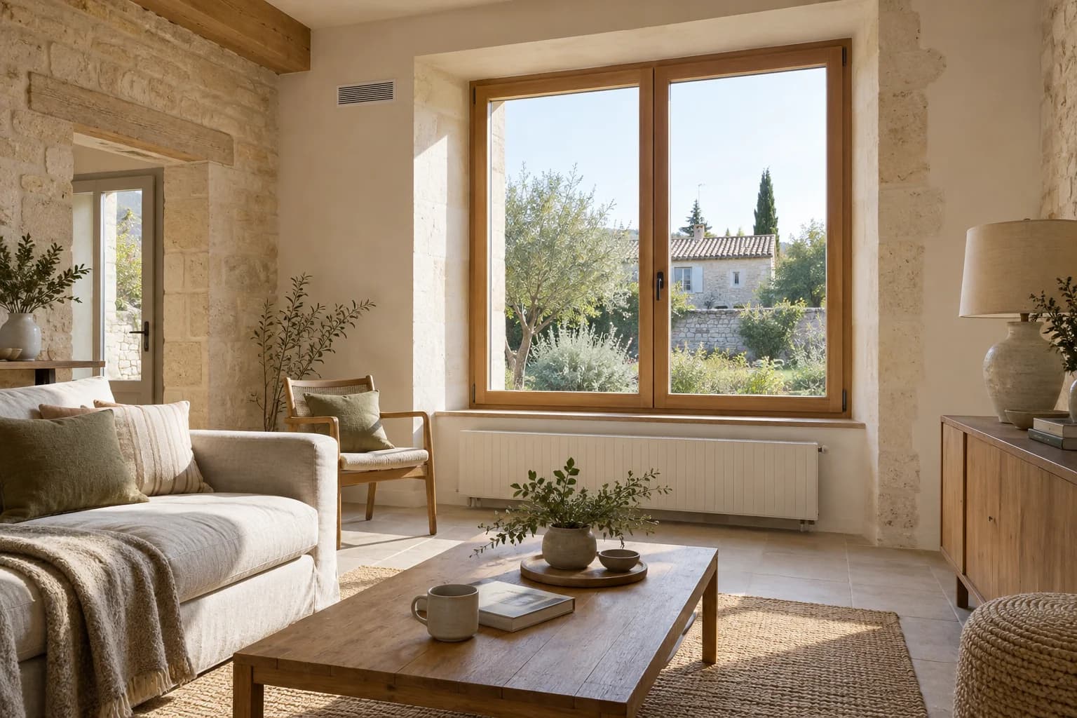 Séjour lumineux avec grande menuiserie bois dans une maison en pierre rénovée.
