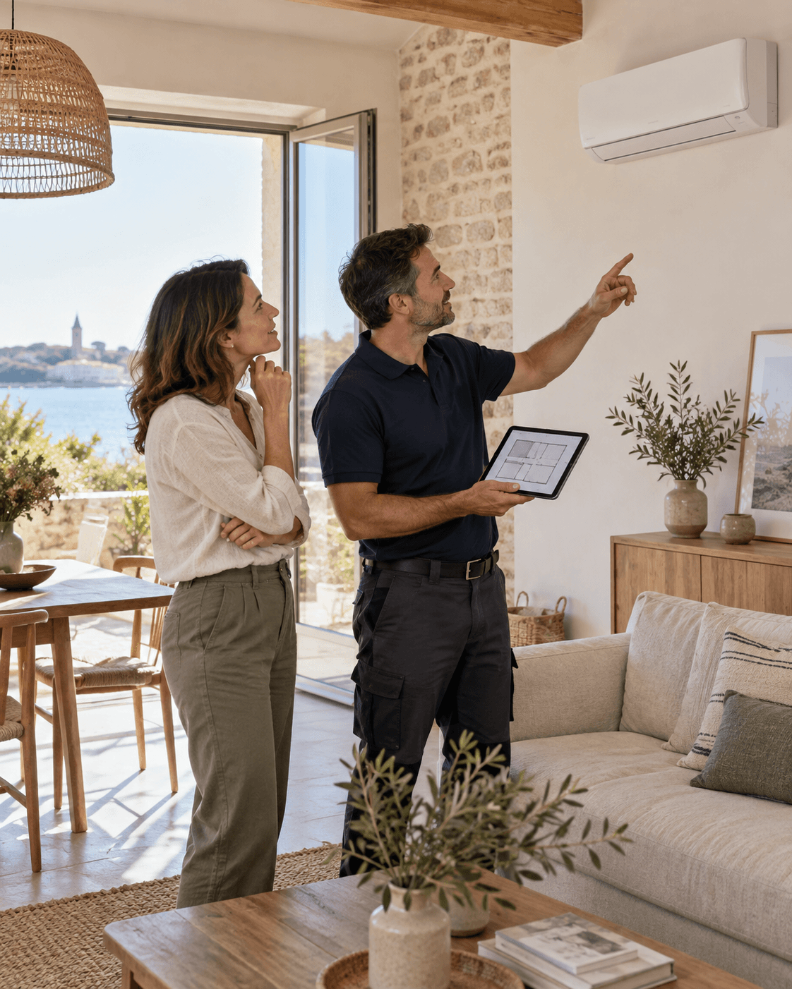 Propriétaire et professionnel échangeant sur un projet de climatisation réversible dans une maison de Charente-Maritime.
