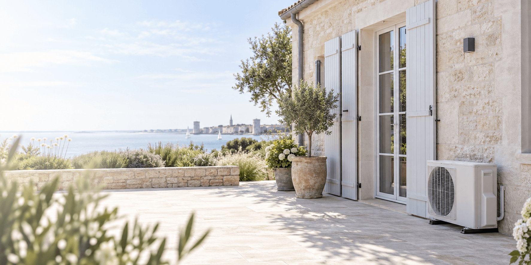 Maison de Charente-Maritime avec une unité extérieure de climatisation réversible discrète, près d’une terrasse.