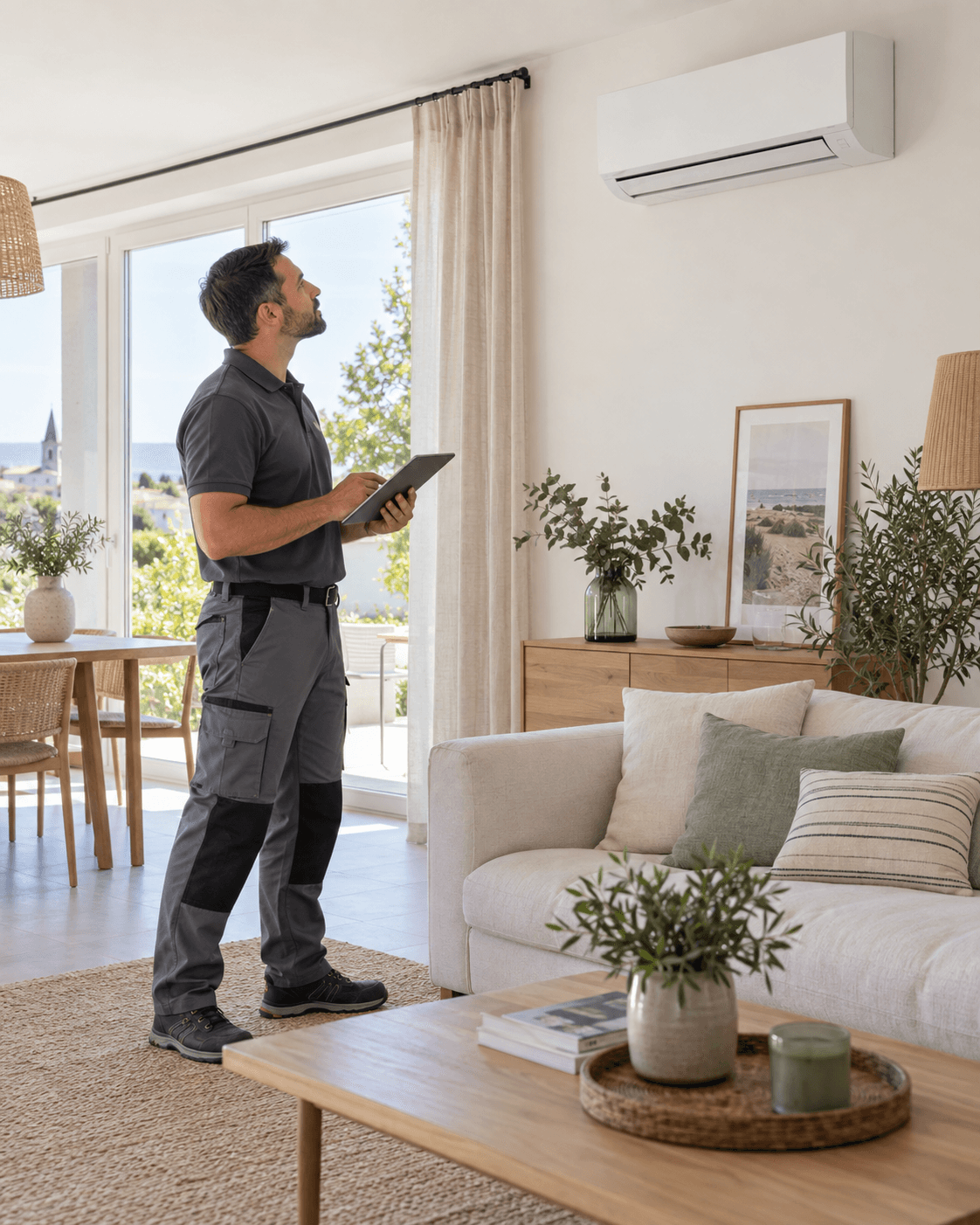 Professionnel examinant une unité intérieure de climatisation réversible dans une maison de Charente-Maritime.