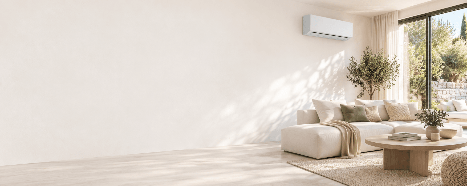Intérieur lumineux avec une unité de climatisation réversible discrète, ouvert sur un jardin de Charente-Maritime.