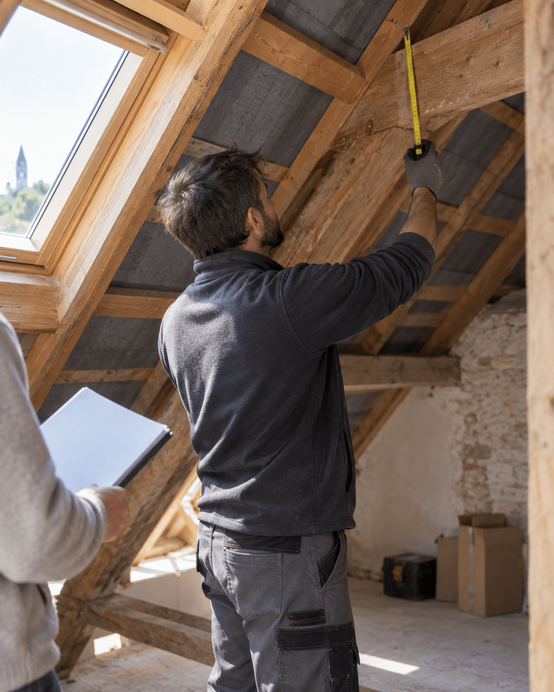 Professionnel relevant les dimensions d’une charpente avant un projet d’isolation.