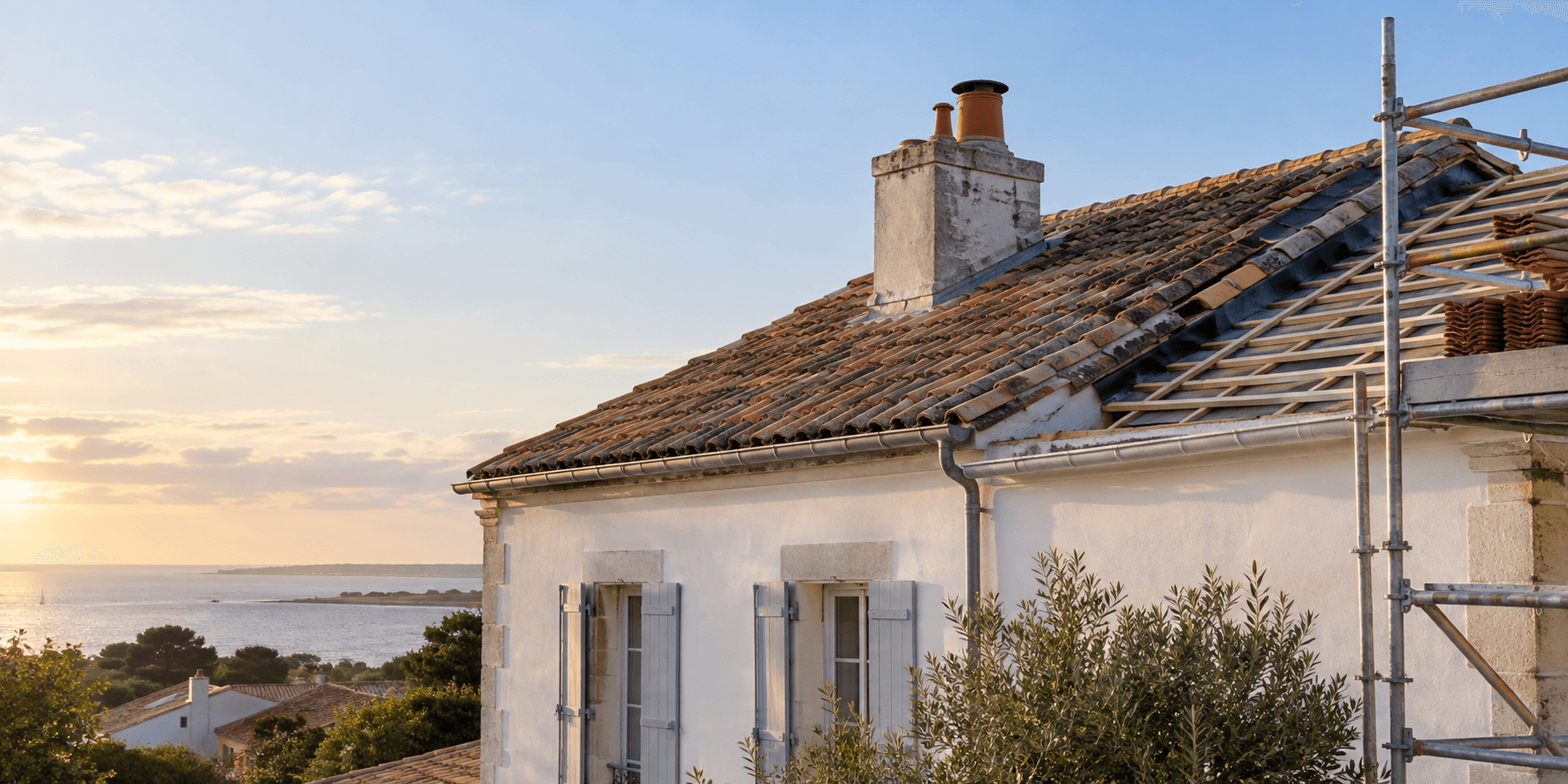 Toiture d’une maison de Charente-Maritime en rénovation près du littoral.