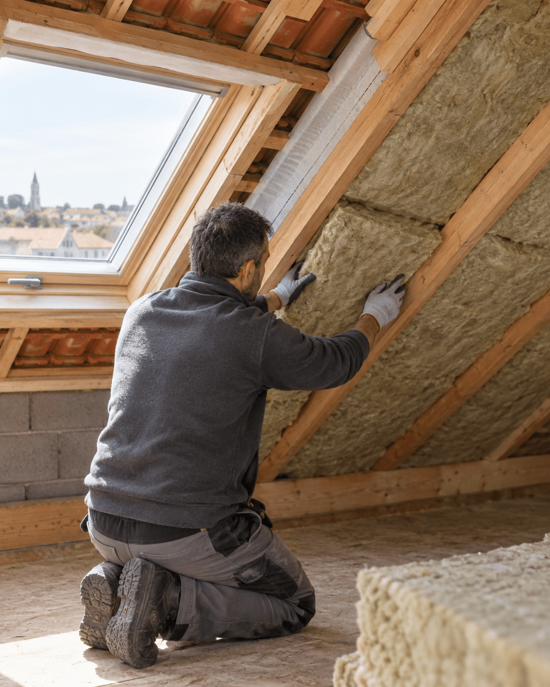 Professionnel installant un isolant sous les rampants d’une toiture dans une maison de Charente-Maritime.