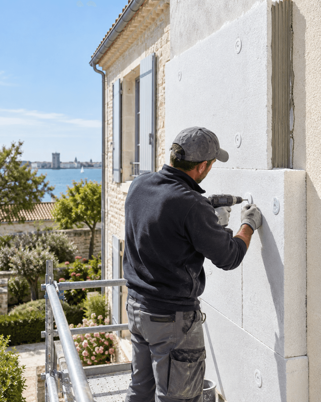 Artisan posant une isolation thermique extérieure sur la façade d’une maison de Charente-Maritime.