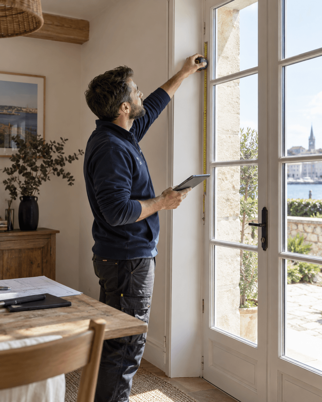 Professionnel relevant les dimensions d’une porte-fenêtre avant un projet de menuiseries.