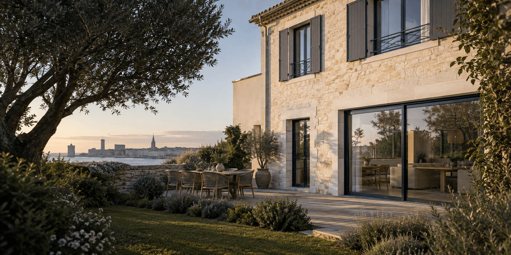 Maison de Charente-Maritime avec baies vitrées et fenêtres rénovées, ouverte sur un jardin.