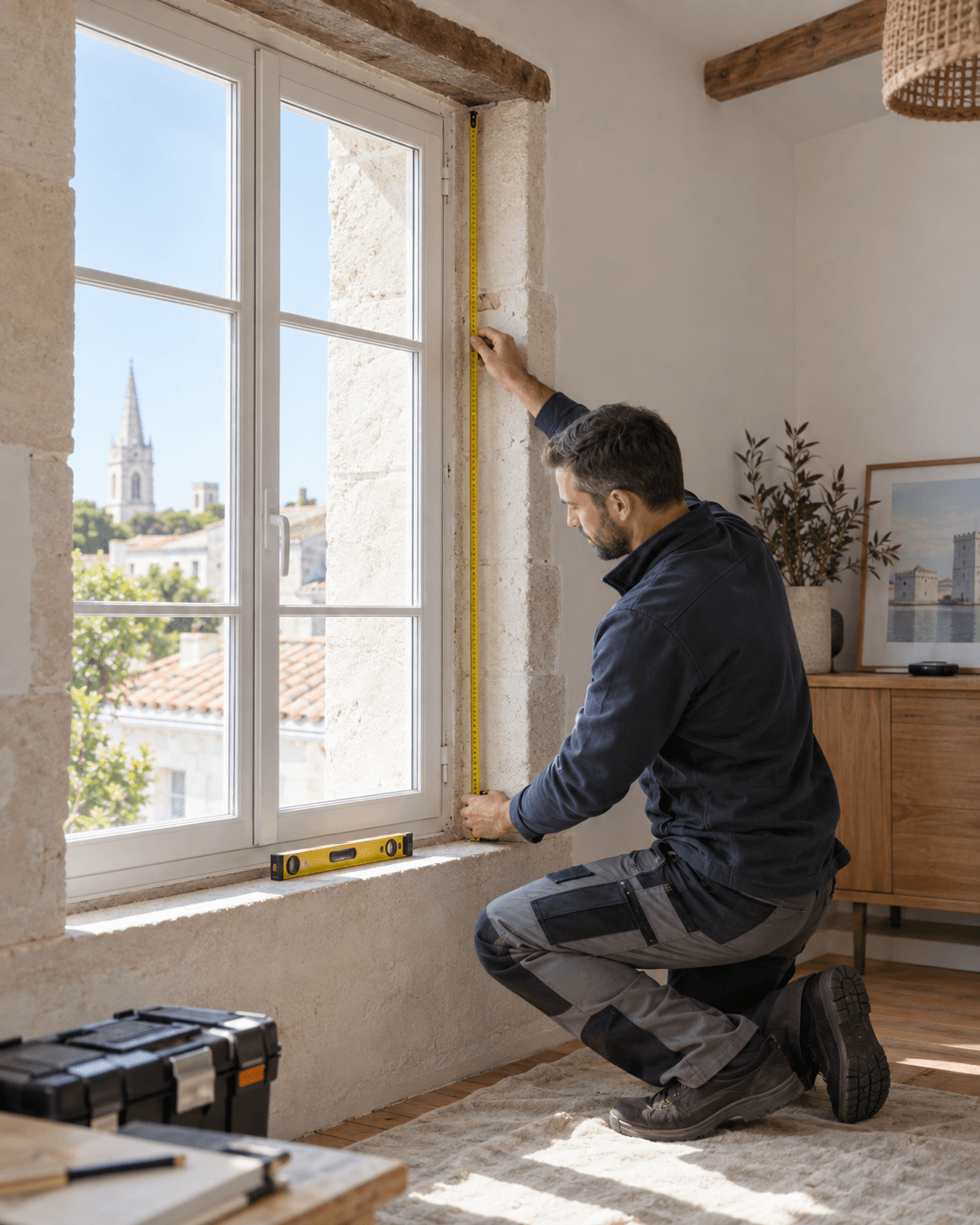 Professionnel prenant les mesures d’une fenêtre dans une maison de Charente-Maritime.