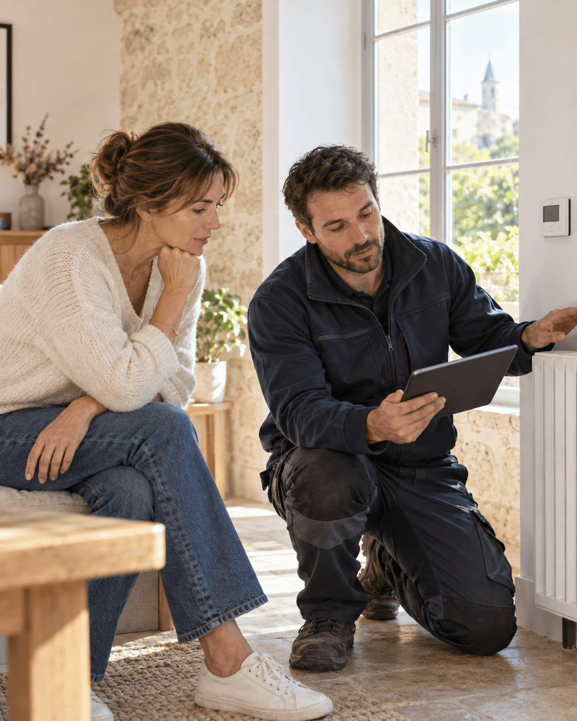 Propriétaire et professionnel examinant un projet de chauffage près d’un radiateur.