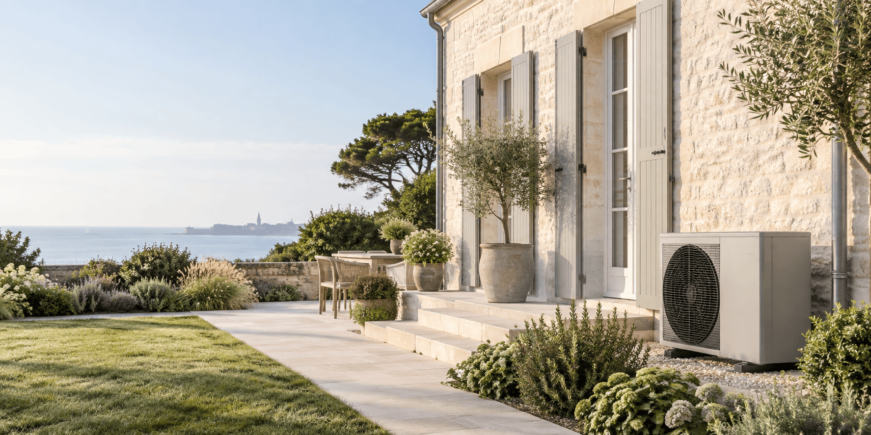 Maison de Charente-Maritime avec une pompe à chaleur extérieure discrète, près d’une terrasse.