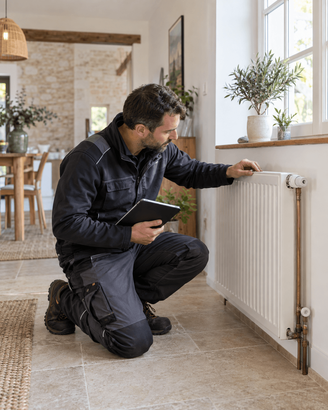 Professionnel examinant un radiateur existant dans une maison de Charente-Maritime.