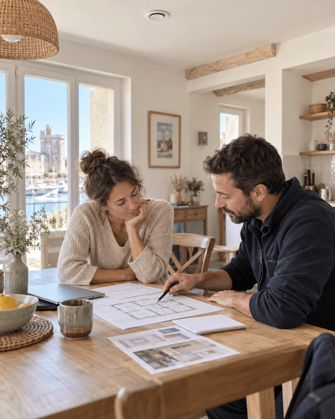Propriétaire et professionnel échangeant sur un projet de ventilation dans une maison de Charente-Maritime.