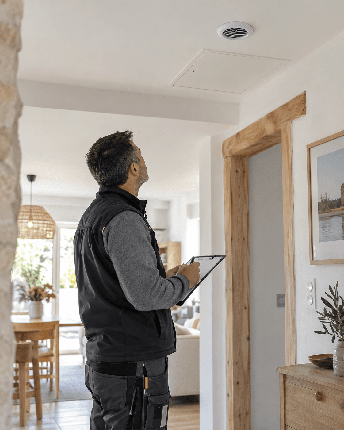 Professionnel examinant une bouche de ventilation existante dans une maison de Charente-Maritime.
