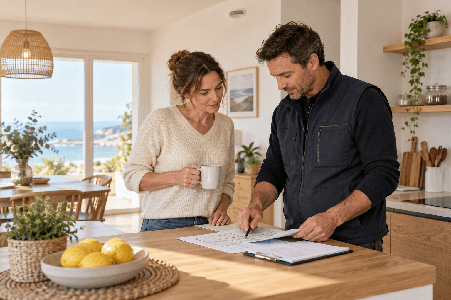 Propriétaire et professionnel examinant les informations d’un projet de ventilation.