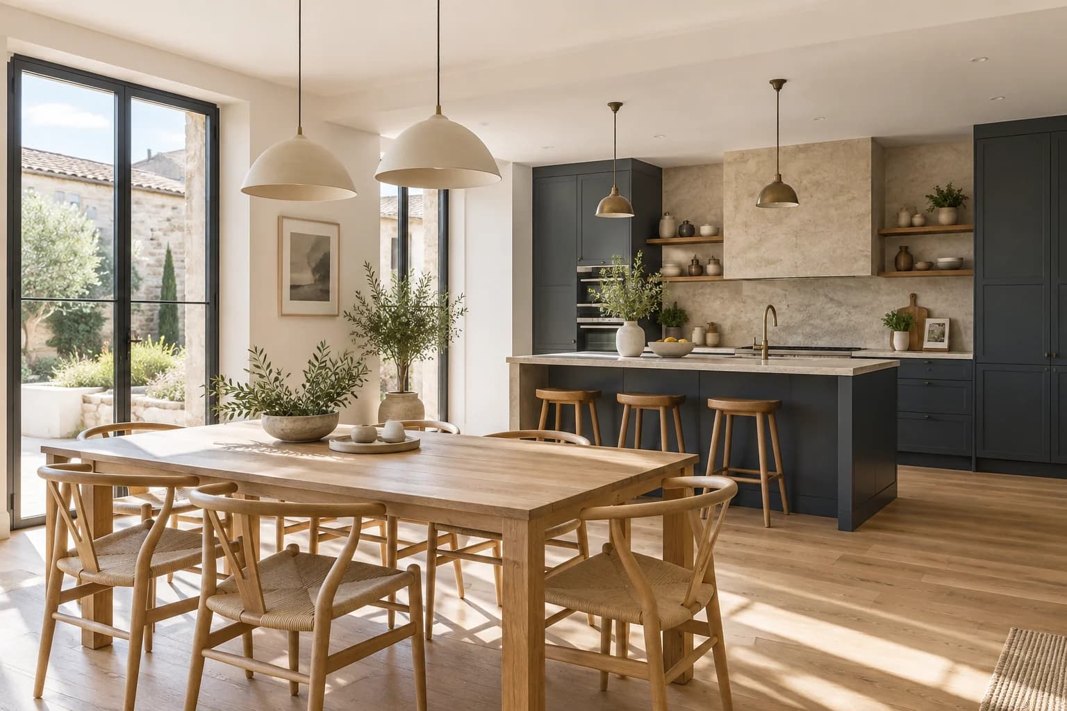 Intérieur lumineux rénové avec des matériaux naturels.